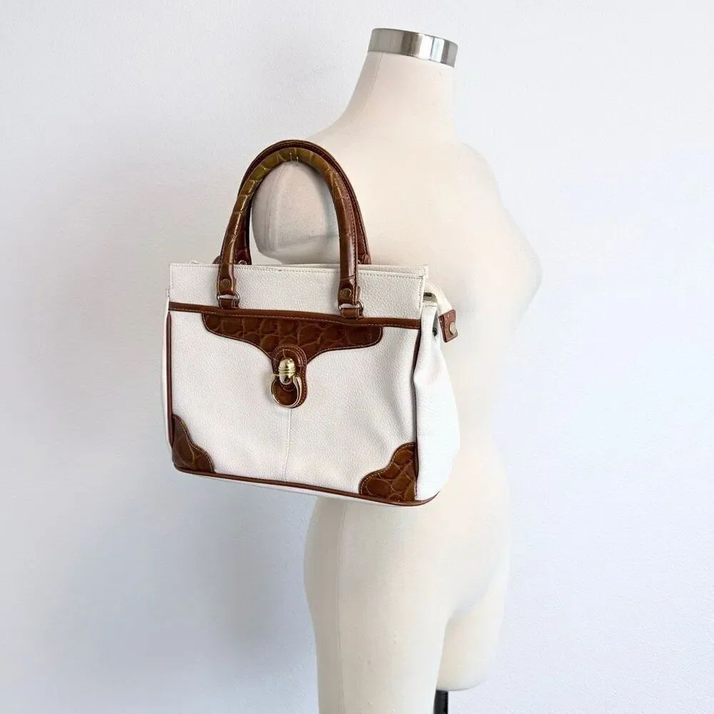 Jackson Vintage Leather Satchel Shoulder Bag Purse White Equestrian Brown